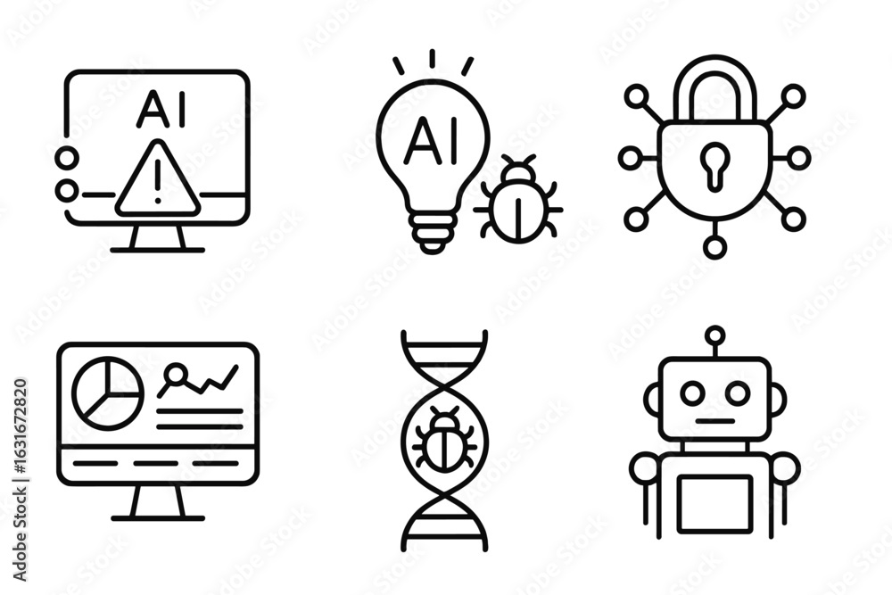 Poster symbols of artificial intelligence, cybersecurity, and data analysis in a digital environment