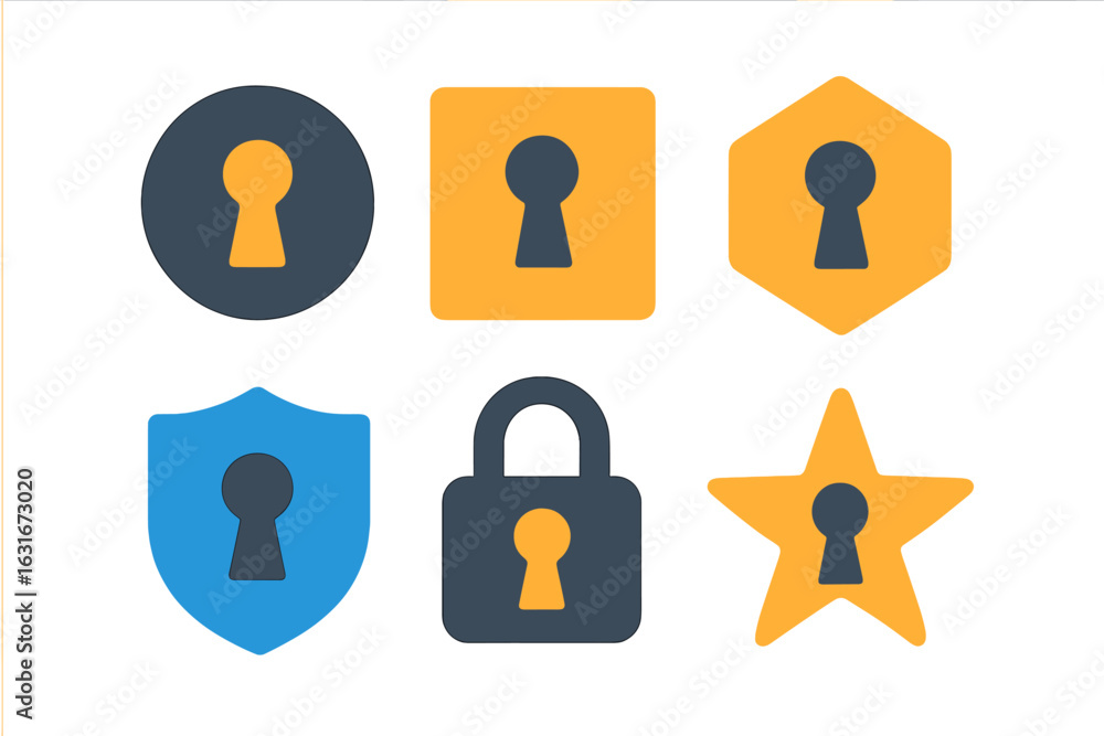 Poster variety of colorful keyhole icons in different shapes and designs displayed on a white background