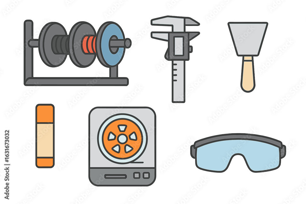 Poster tools and equipment for diy projects and workshops displayed on a white background with a variety of