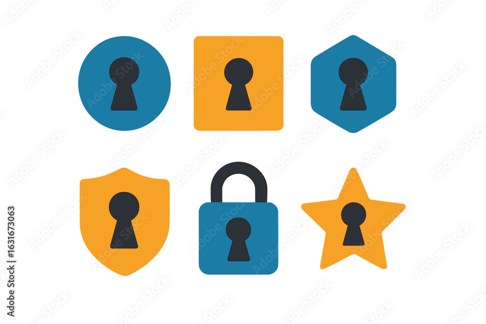 Poster collection of lock icons in various shapes and colors illustrating security concepts