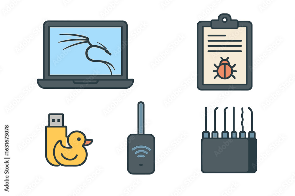 Poster gadgets and tools used for cybersecurity and ethical hacking in a modern workspace