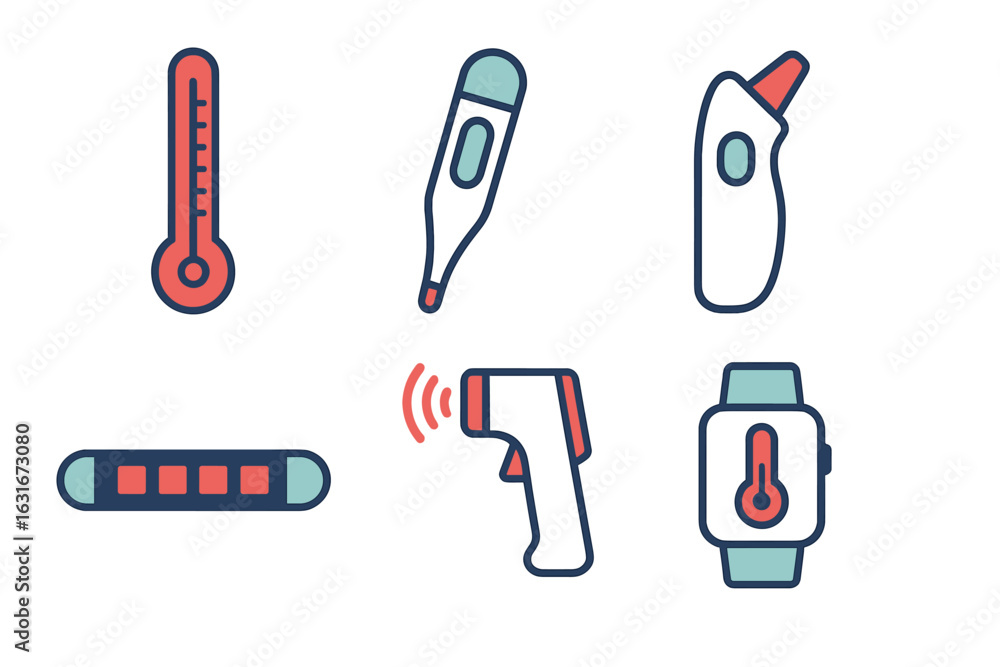 Poster various health monitoring devices displayed in a sequence representing modern temperature measuremen