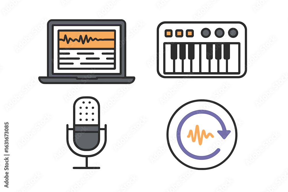 Poster editing audio tracks with a laptop, a midi keyboard, a microphone, and waveforms displayed on screen
