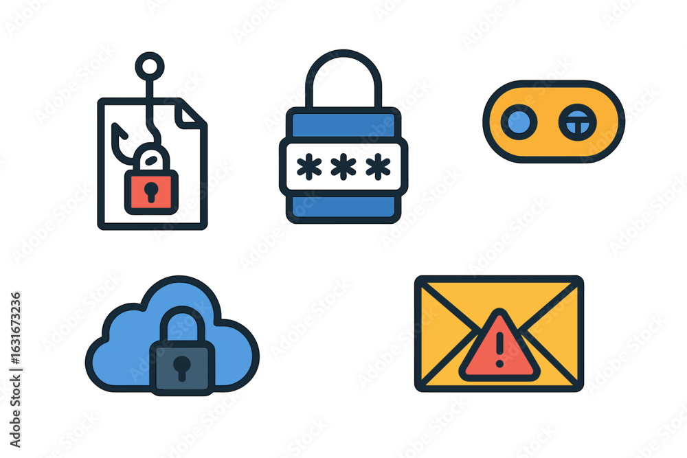 Poster security icons representing phishing, data protection, and secure communication in a digital environ