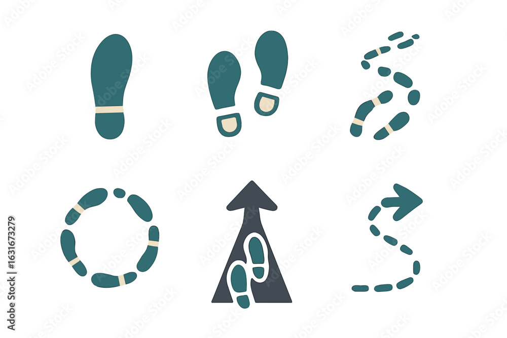Poster footprint symbols indicating directions and paths in a minimalist design for navigation or guidance