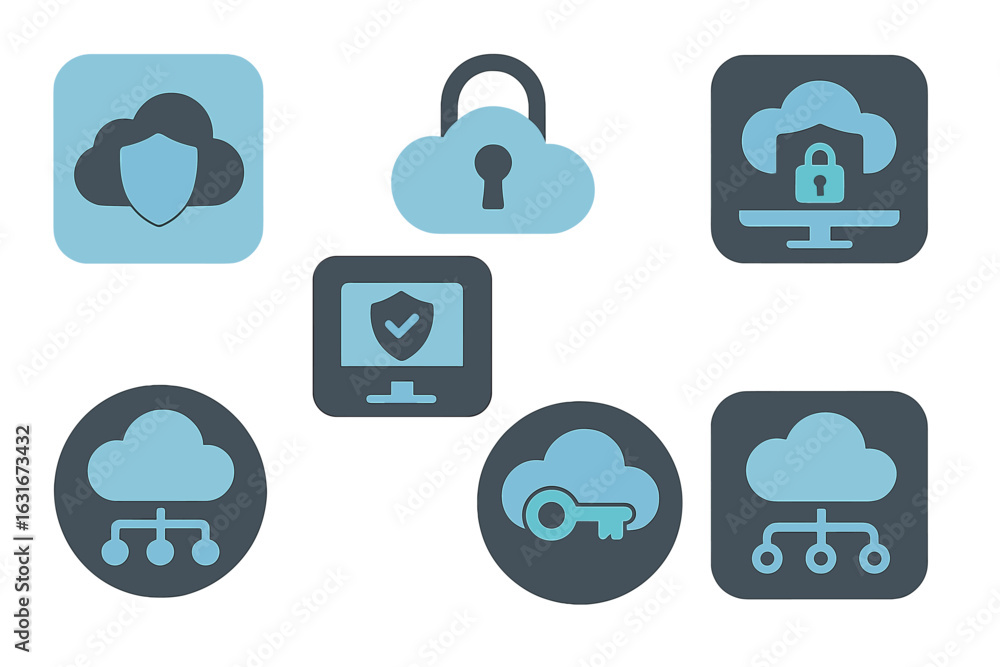 Poster cloud security icons representing data protection, encryption, and network safety in digital environ