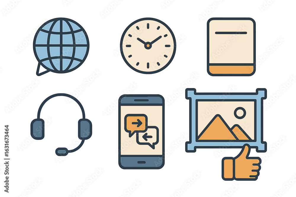 Poster digital communication tools and icons illustrating global connectivity and time management in modern