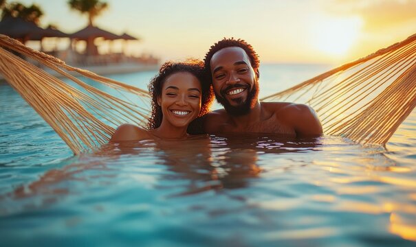 African American couple in a hammock on a summer vacation, Generative AI