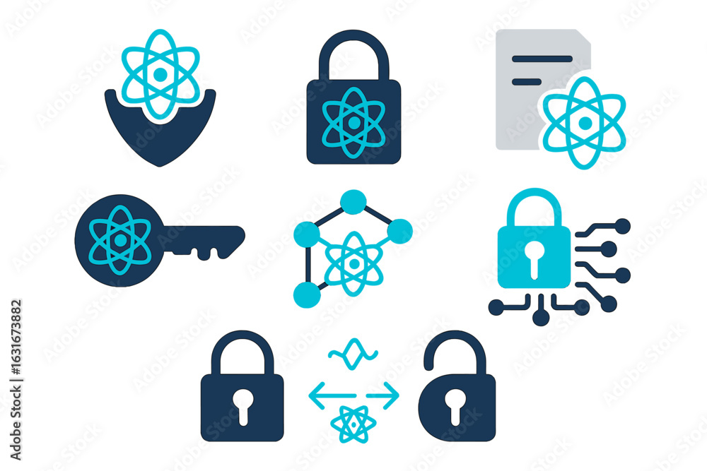 Poster icon collection featuring security themes related to nuclear science and technology in a digital for