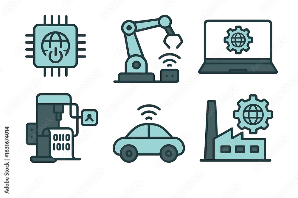 Poster technology icons representing automation, data processing, and smart manufacturing in a modern digit