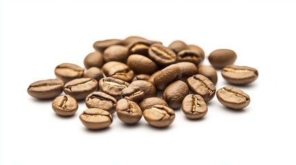 Naklejka premium A close up shot of a pile of roasted coffee beans on a white surface in a studio setting