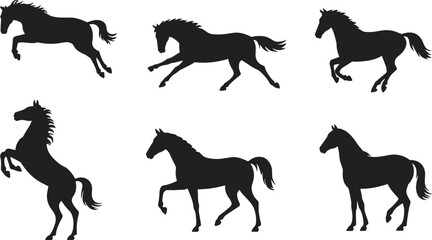 Set of six black horse silhouettes in various dynamic poses, including jumping, running, and standing, vector animal illustration