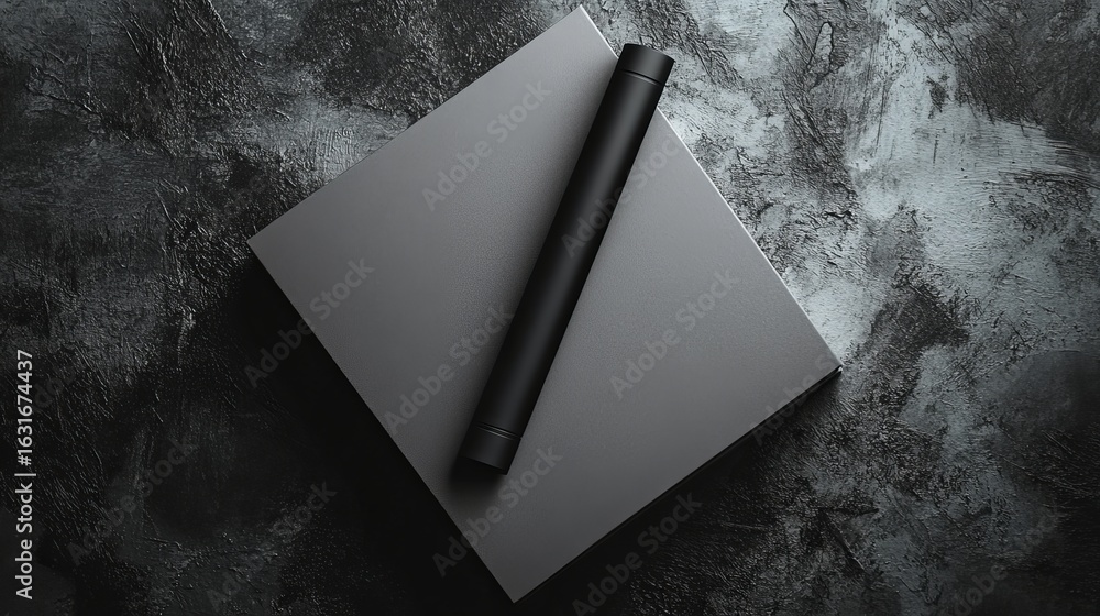 Poster a cylindrical black object resting on a gray square on a textured dark gray surface background