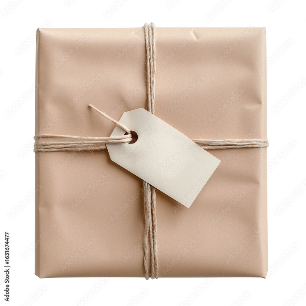 Poster simple brown recycled paper package tied with message and blank label twine on transparent backgroun