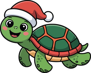 Fototapeta premium Cartoon Turtle Illustration with Santa Hat
