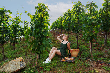 Woman enjoying picnic and wine in sunny vineyard, picking grapes during summer vacation.