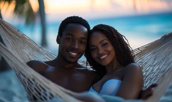 Young Black African American couple relaxing in a hammock on a romantic honeymoon summer vacation, Generative AI