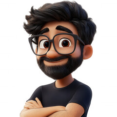 3d arms user cartoon man with glasses and beard smiling with crossed icon on a transparent background
