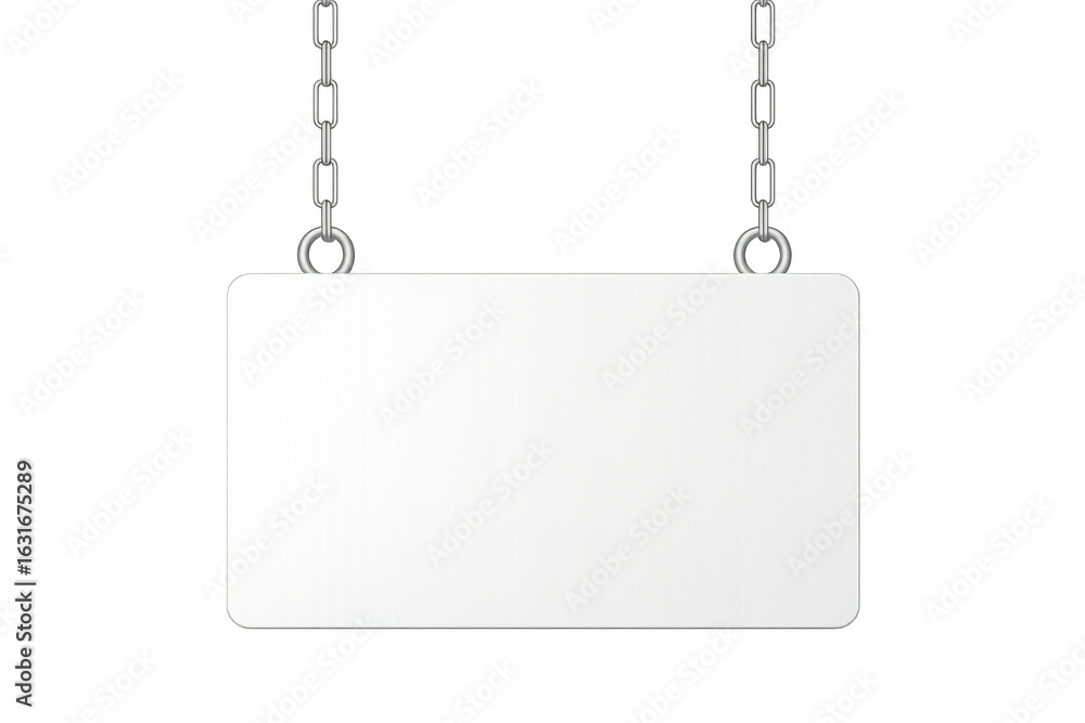 Poster rectangular white sign hanging on metal chains with transparent background, ideal for adding custom 