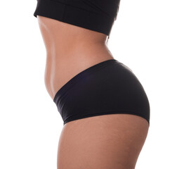 Woman in underwear on white background, closeup