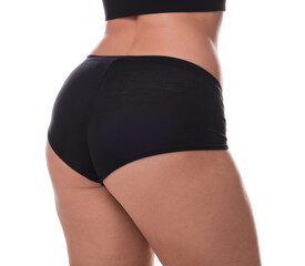 Woman in underwear on white background, closeup