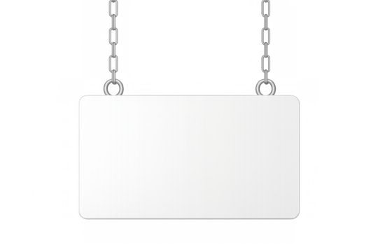 Rectangular white sign hanging on metal chains with transparent background, ideal for adding custom text or graphics