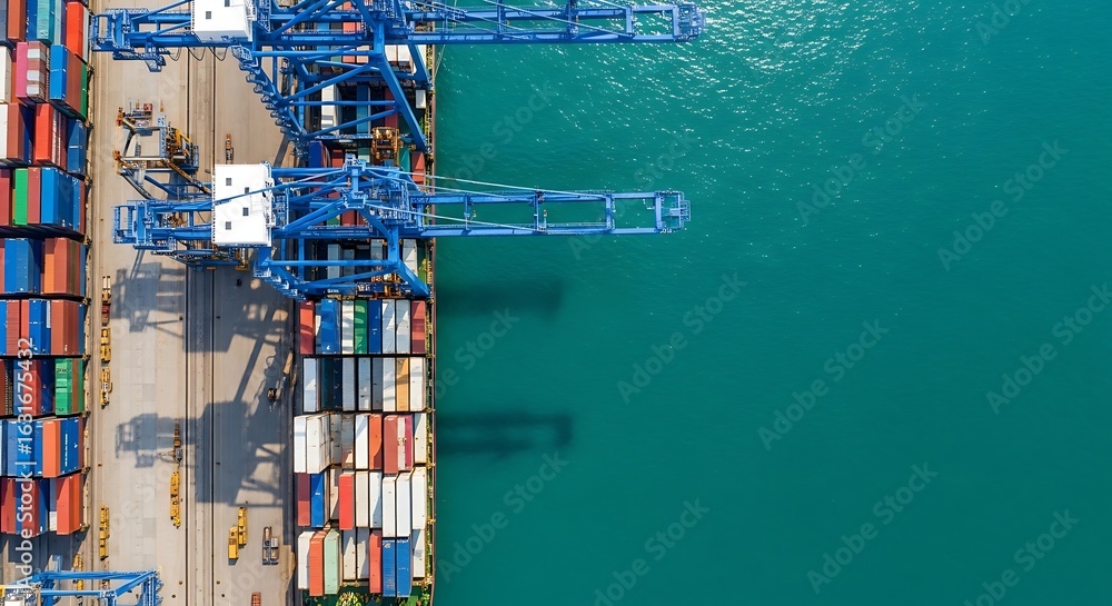 Poster aerial view of a container ship being loaded by cranes at a port