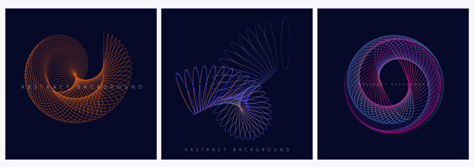 Gradient abstract spiral lines. Trendy 3D line set in 80s&ndash;90s retro style for promos, banners, posters, social media, cards, and covers. Network technology background. Vector illustration.