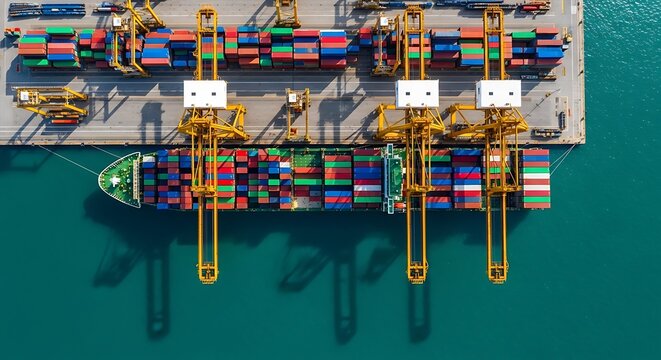 Aerial view of a large container ship at a port with gantry cranes - Powered by Adobe