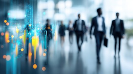 Businessmen world walking in a modern office building with a digital overlay of financial charts and data, symbolizing growth and success in the corporate are