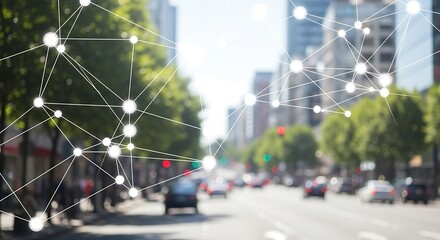 Blurred cityscape with a white network overlay