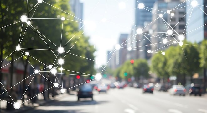 Blurred cityscape with a white network overlay