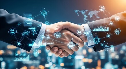 Business handshake with digital network over cityscape