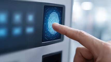 Cyber security system and data protection concept. Man using fingerprint scanning access data with data center as background, biometric identity, data