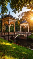 Fototapeta premium Autumn park bridge with gazebos