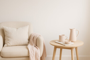 Minimalist Armchair and Table with Pink Ceramics