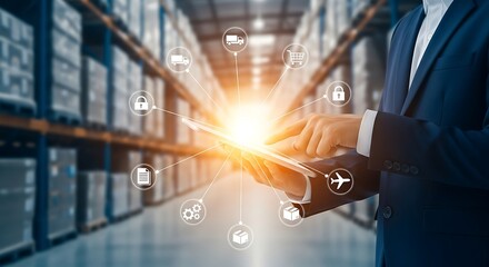 Businessman using tablet with logistics icons in a warehouse