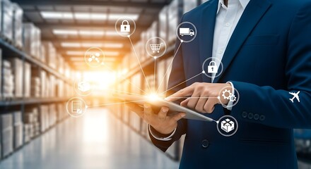 Businessman with tablet in warehouse supply chain icons