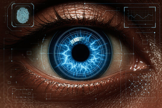 Close-up of glowing blue eye with cybernetic interface and biometric scan elements. Concept of digital identity, security systems, surveillance, AI vision, high-tech future.