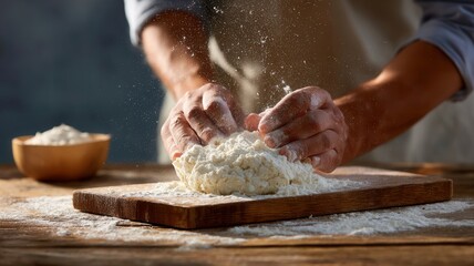 Baker kneading creating on dough wooden board, flour flying in the air, a a dynamic scene of culinary creation