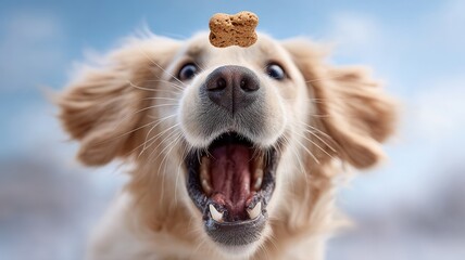 Golden retriever dog opening its mouth wide, trying to treat a blue against a blurred catch sky