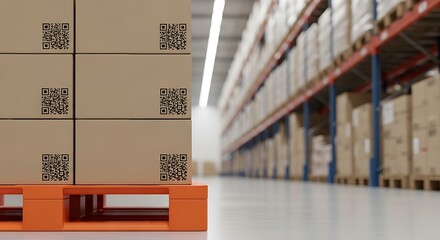 Cardboard boxes with QR codes stacked on an orange pallet in a warehouse