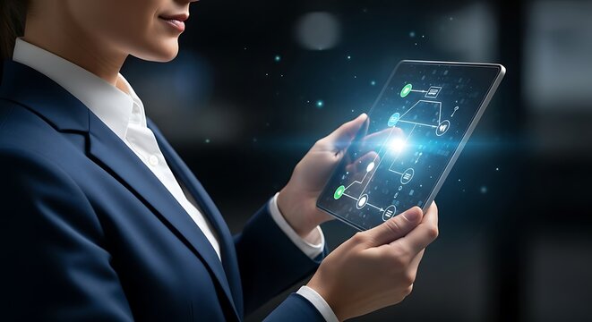 Businesswoman interacting with a futuristic tablet displaying a flowchart - Powered by Adobe