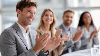 Business professionals applauding, sharing enthusiasm after workplace milestone in contemporary achieving setting