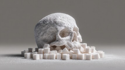 Sugar skull sugar on resting cubes represents health risks of excessive sugar intake, highlighting diabetes and addiction