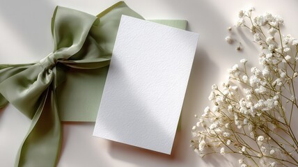 Elegant wedding stationery mockup scene featuring with blank card, green envelope a bow and white gypsophila flowers, perfect for showcasing your designs