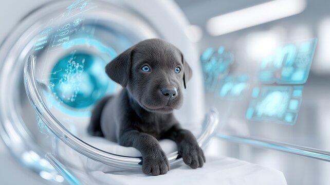 Adorable puppy showcasing examination in a futuristic veterinary clinic, advanced undergoing technology and animal care