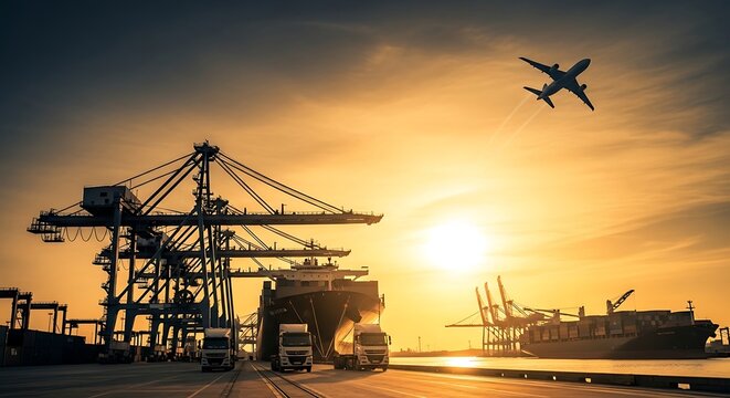 Cargo ship at port with cranes and airplane at sunset