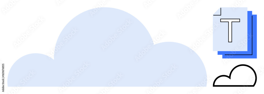 Poster large blue cloud with text documents layered digitally above and a small outlined cloud. ideal for t