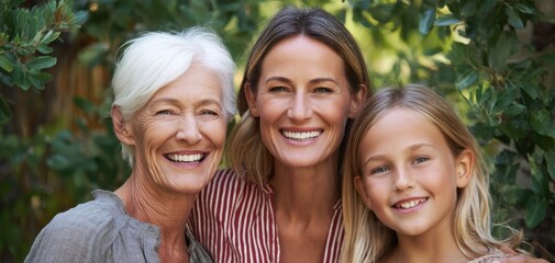 Fototapeta premium The joyful family trio sharing smiles amidst lush greenery in a warm setting.